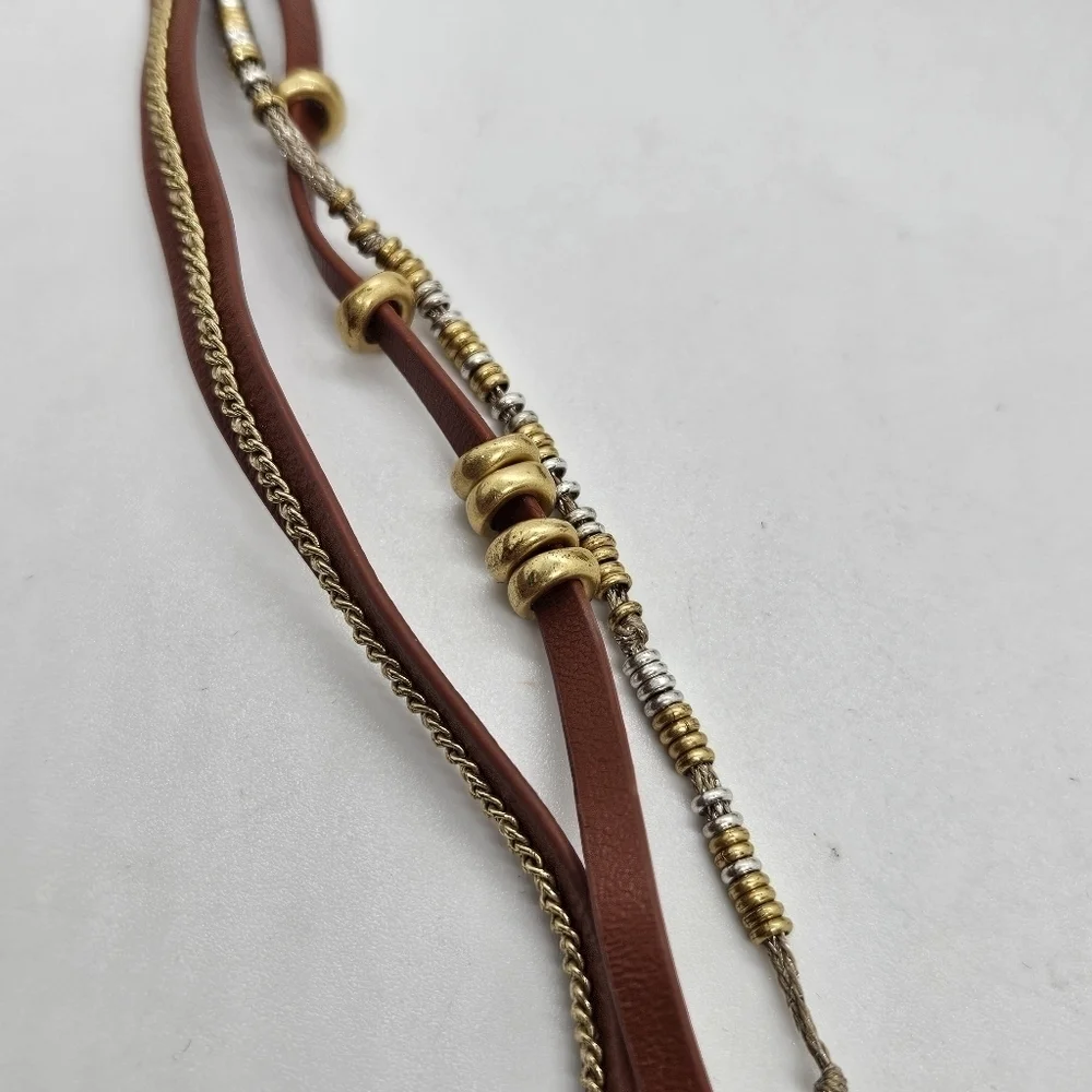 Stella & Dot brown faux leather wrap bracelet with gold and silver metal accents